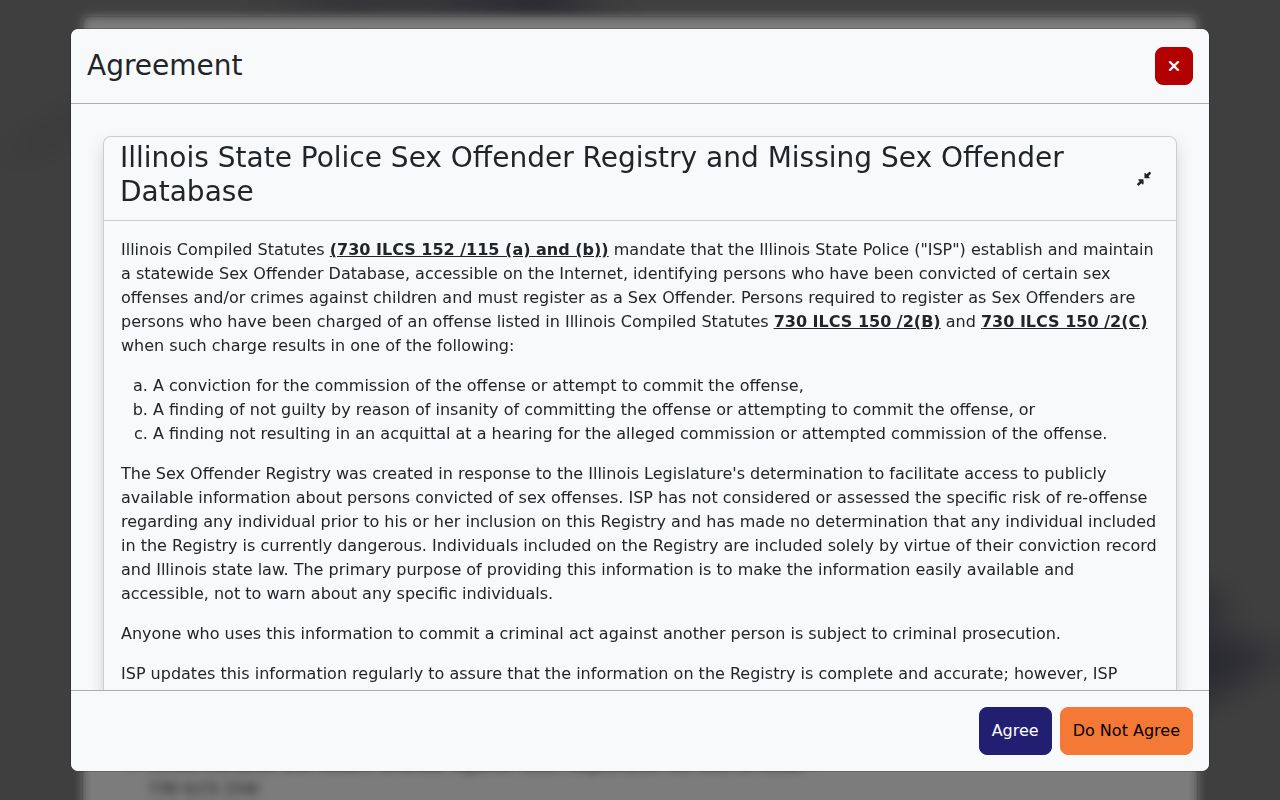 Illinois Sex Offender Registry search interface used for Whiteside County checks
